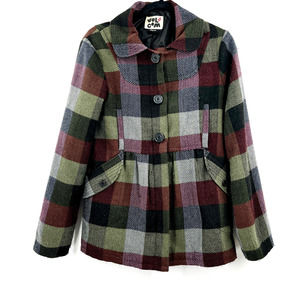 Volcom Jacket Plaid Wool Blend Full Zip Button Front Pockets Peplum Hem
